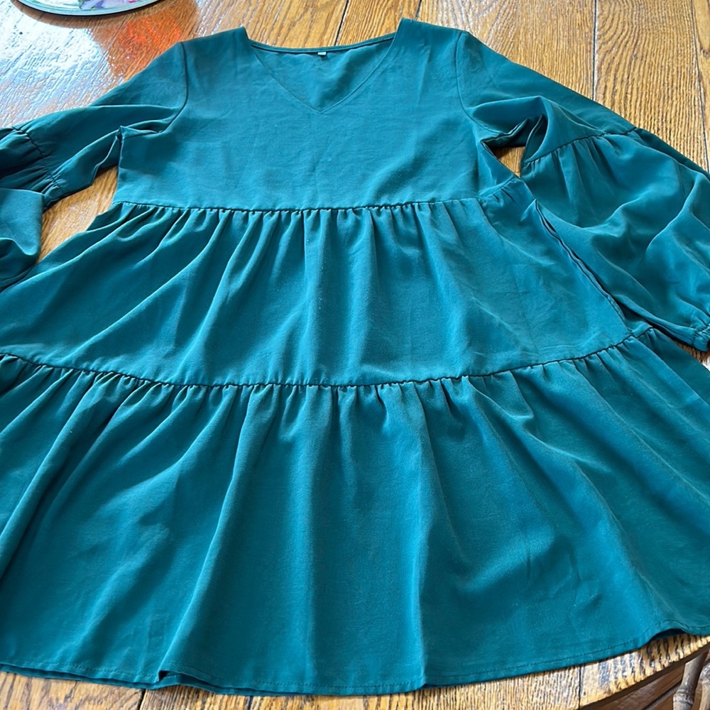 Hunter green long sleeve babydoll style dress. V-Neck. Elastic cuffs. Size Small